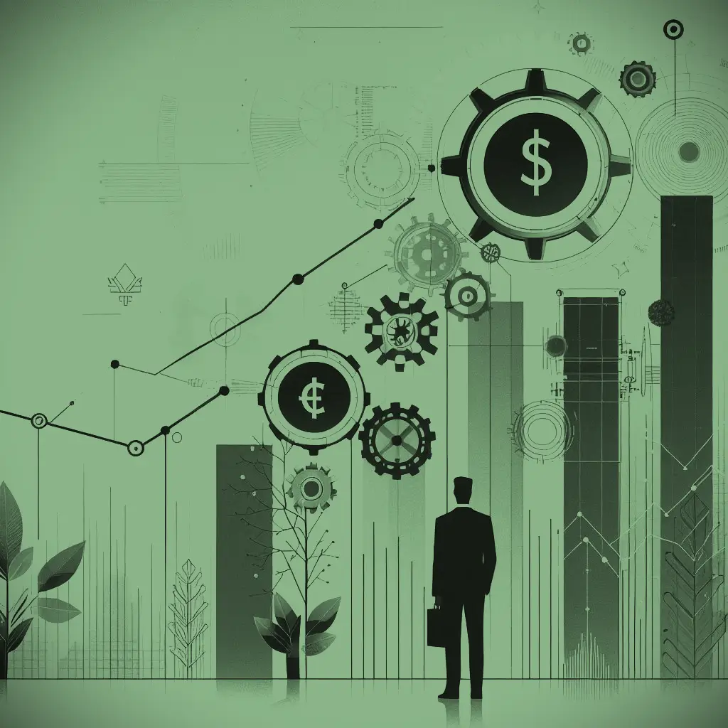 Illustration: Gears, currency symbols, and rising charts symbolize growth, efficiency, and strategic aftersales service.