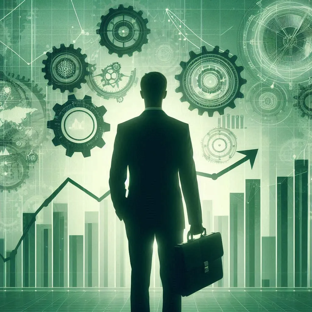 Silhouette eines Geschäftsmanns mit Aktentasche vor einem Hintergrund aus Zahnrädern, Balkendiagrammen und einem steigenden Pfeil – Symbol für Wachstum, Effizienz und strategische Planung im Aftersales-Service.